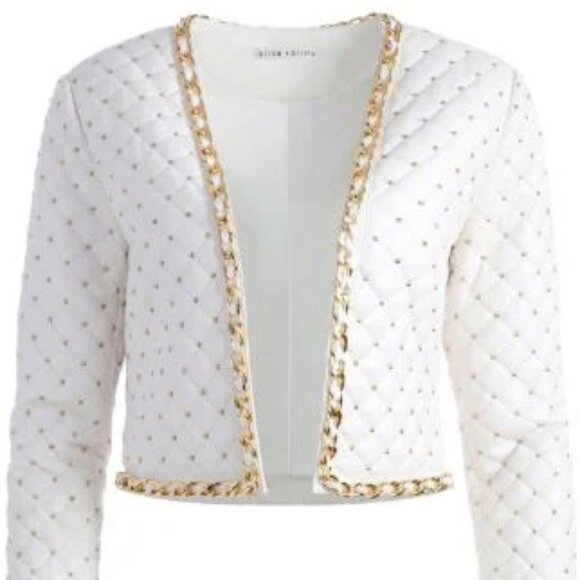 Alice + Olivia [NWT] Zeta Quilted White Vegan Leather Jacket Gold Tone Trim - Picture 2 of 3